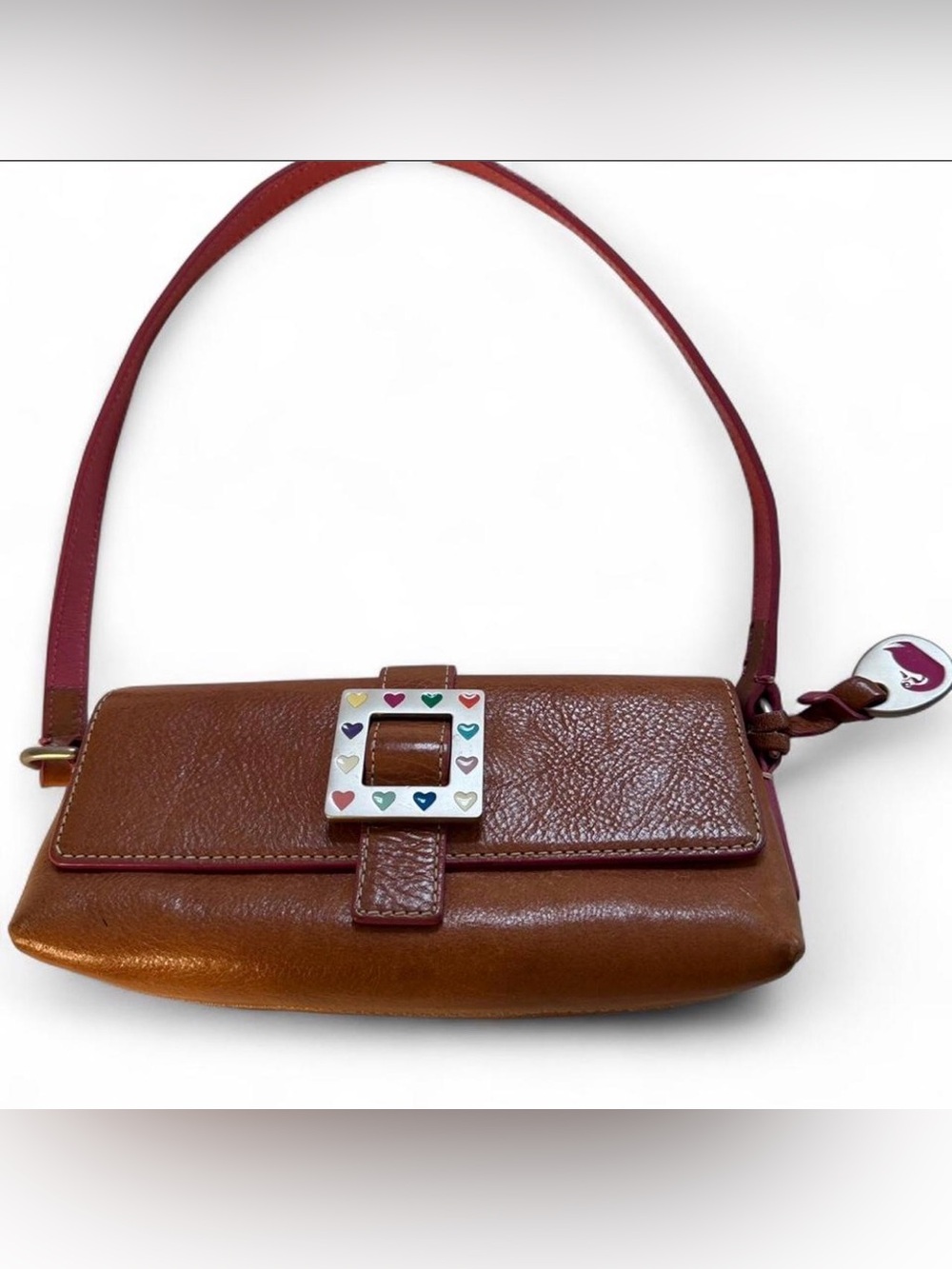 Dooney & Bourke Brown Leather Shoulder Bag with Multicolor Heart Buckle